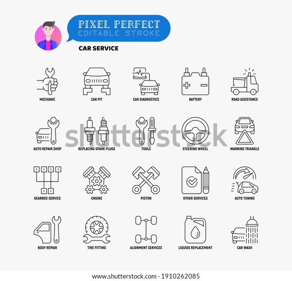 Car service thin line icons set: mechanic,\
car pit, computer diagnostics, road assistance, battery, body\
repair, tire fitting, replacing spark plugs. Pixel perfect,\
editable stroke Vector\
illustration