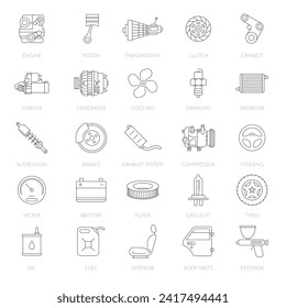 Car service thin line vector icon set. Car parts and systems pictogram collection.