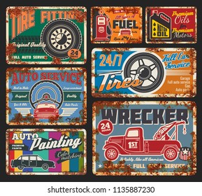 Car Service And Tire Fitting Retro Cards. Automobile Painting, Tires And Wheels Repair, All Types Of Fuel And Oils Change. Vehicle Wrecker Order, Full Service And Auto Parts Available 24 H Vector