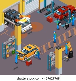 Car service top view isometric concept with workers repairing automobiles in vehicle service center vector illustration 