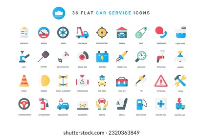 Car service trendy flat color icons set vector illustration, scheduled diagnostics of vehicle and auto repair tools, pictogram of automotive parts, automatic, manual transmission, wheel, tires.
