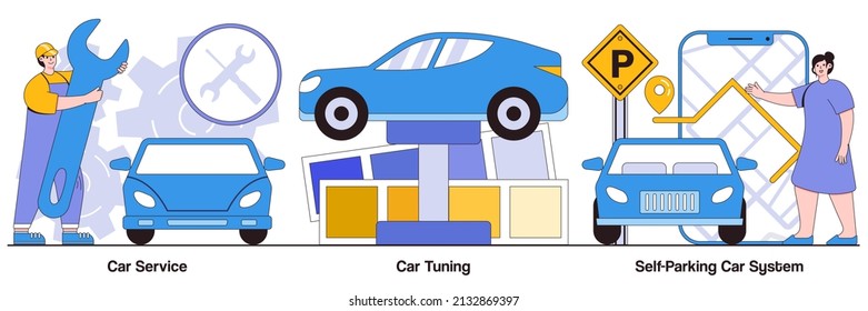 Car service, car tuning, self-parking system concepts with people characters. Automobile service abstract vector illustration pack.