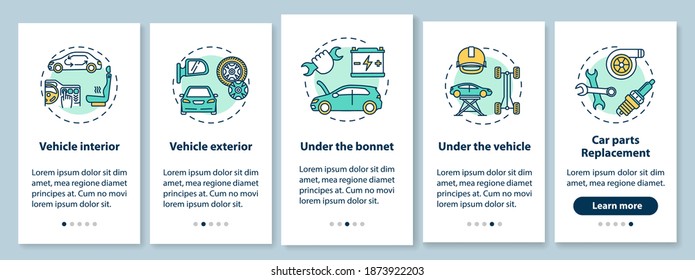 Car service types onboarding mobile app page screen with concepts. All-out vehicle test, parts replacement walkthrough 5 steps graphic instructions. UI vector template with RGB color illustrations