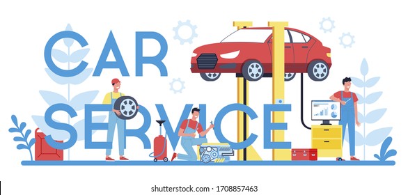 Car service typographic header concept. People repair car using professional tool. Idea of auto repair and diagnostic. Wheel and oil icon, engine and fuel. Isolated flat vector illustration