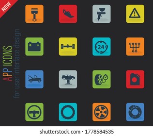 Iconos web de color del vector de servicio de automóvil en fondo oscuro para el diseño de la interfaz de usuario