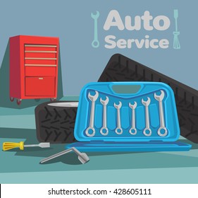  Car service. Vector flat cartoon illustration