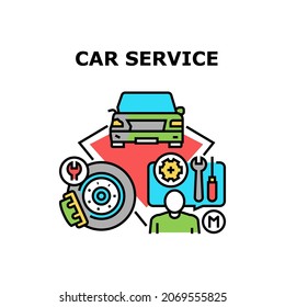 Car Service Vector Icon Concept. Car Service Worker Repairing Automobile Break And Engine With Professional Tools, Mechanic Fixing Damaged Body And Broken Transmission Color Illustration