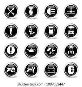 car service vector icons - black round chrome buttons