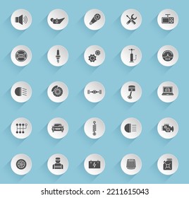 car service vector icons on round puffy paper circles with transparent shadows on blue background. car service stock vector icons for web, mobile and user interface design