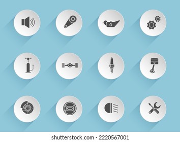 car service vector icons on round puffy paper circles with transparent shadows on blue background. car service stock vector icons for web, mobile and user interface design