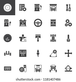 Car service vector icons set, modern solid symbol collection, filled style pictogram pack. Signs, logo illustration. Set includes icons as Tire, Garage, Piston, Steering wheel, Speedometer, Chassis