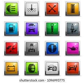 car service vector icons in square colored buttons