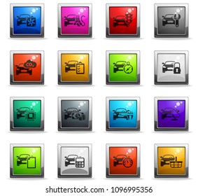 car service vector icons in square colored buttons