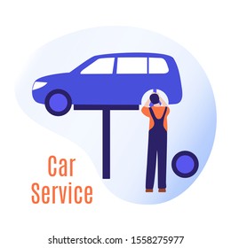 Car service vector illustration concept. Car, man, wheel, repair tools. Auto diagnostics center, automobile maintenance station. Tire service, sale of spare parts, repair. Design for web, app, print