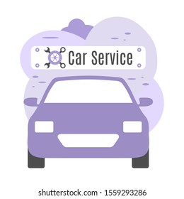 Car service vector illustration concept. Car, wheel, repair tools, sign. Auto diagnostics center, automobile maintenance station. Tire service, sale of spare parts, repair. Design for web, app, print