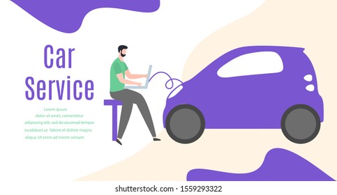 Car service vector illustration concept. Car, man, wheel, repair tools. Auto diagnostics center, automobile maintenance station. Tire service, sale of spare parts, repair. Design for web, app, print