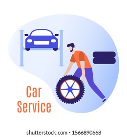 Car service vector illustration concept. Car, man, wheel, repair tools. Auto diagnostics center, automobile maintenance station. Tire service, sale of spare parts, repair. Design for web, app, print