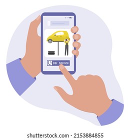 Car service vector illustration concept. Calling the car repair service by cell phone. Auto diagnostics center, automobile maintenance station. Tire service, sale of spare parts