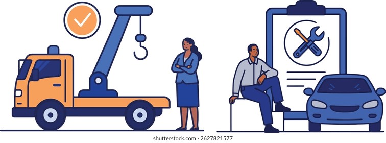 Car Service Vector Illustration with Tow Truck and Mechanics.