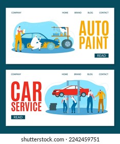 Car service, vector illustration. Workers in uniforms diagnose, repair engine. Equipment, tools for professional inspection machine.