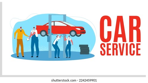 Car service vector illustration. Workers in uniforms diagnose, repair engine. Equipment, tools for professional inspection machine.