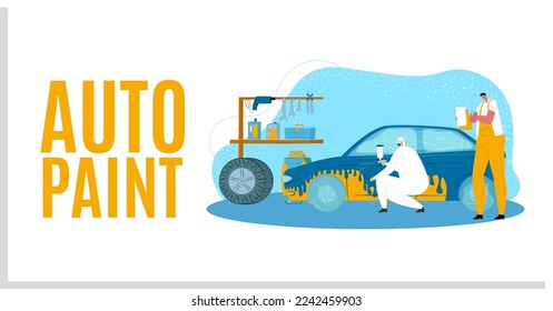 Car service vector illustration. Workers in uniforms diagnose, repair engine. Equipment, tools for professional inspection machine.