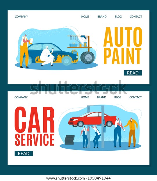 Car service, vector illustration. Workers in\
uniforms diagnose, repair engine. Equipment, tools for professional\
inspection machine.