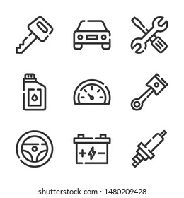 Car service vector line icons set. Battery, key, oil, piston, speedometer and more. Editable stroke