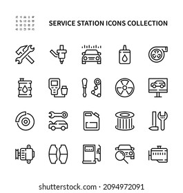 Car service vector linear icons set. Service station. Car diagnostics, filter, generator, engine, refueling, turbine, oil, injector, brake pads, tools and much more. Car service icons collection.