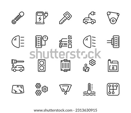 Car service vector linear icons set. Service station. Shock absorber; ignition key; electrical column; belt; headlight; suspension repair; painting and much more. Collection of car service icons.