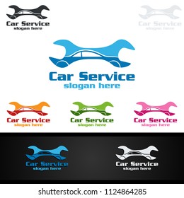 Car Service Vector Logo Design with Auto Repair Shape and Car Concept