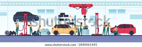 Car service. Vehicle diagnostics and mechanic\
workshop, auto repair scenes with workers and equipment. Replace\
transport spares parts, tuning and oil change. Vector cartoon\
automobile center concept