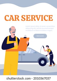 Car service and vehicle maintenance poster design with cartoon professional mechanics characters, flat vector illustration. Car workshop or garage advertising banner.