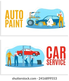 Car service vehicle maintenance workshop, vector illustration. Workers in uniforms diagnose, repair engine. Equipment, tools for professional inspection machine. Technical business concept.