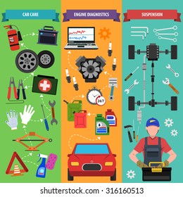 Car service vertical banner set with engine diagnostics elements isolated vector illustration