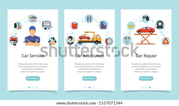 Car Service Vertical\
Banners. Repair, maintenance, assistance services. Template web\
banners. Flat icons like mechanic, tow truck, spark plug. Isolated\
vector illustration