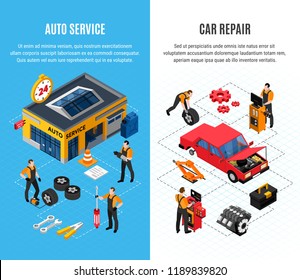 Car service vertical banners set with repair symbols isometric isolated vector illustration