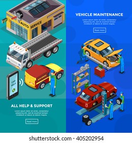 Car service vertical banners set of technical support information and vehicle maintenance advertising isometric design  elements vector illustration