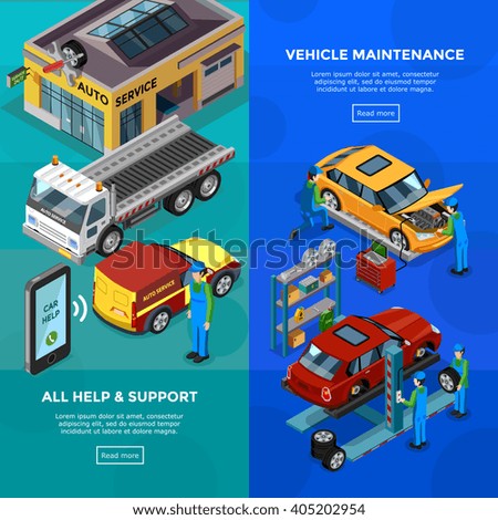 Car service vertical banners set of technical support information and vehicle maintenance advertising isometric design  elements vector illustration