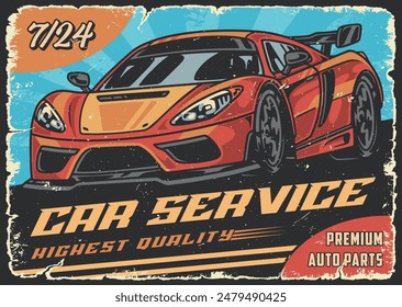 Car service vintage flyer colorful for design of garage repairing vehicles to improve performance of automobile vector illustration