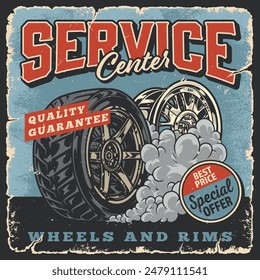 Car service vintage poster colorful advertising replacement of wheels or disks with premium quality analogues on special offer vector illustration