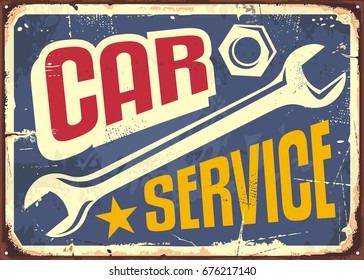 Car service vintage sign with wrench tool and creative letterhead. Transport and garage theme.