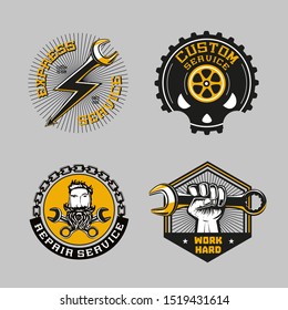 Car service vintage signs collection . Garage vector emblem set with skull, tyre and tools. Garage icon retro style.