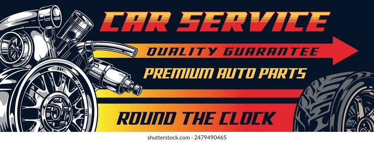 Car service vintage sticker colorful auto parts and wheel for automobile repair and tuning before participating in competitions vector illustration