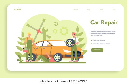 Car service web banner or landing page. People repair car using professional tool. Idea of auto repair and diagnostic. Wheel and oil icon, engine and fuel. Isolated flat vector illustration