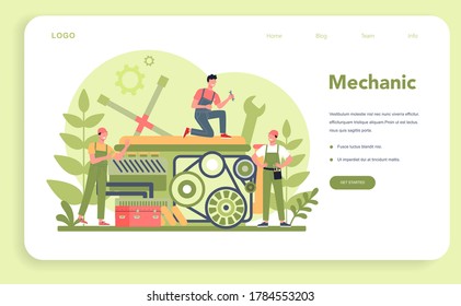 Car service web banner or landing page. People repair car using professional tool. Idea of auto repair and diagnostic. Wheel and oil icon, engine and fuel. Isolated flat vector illustration