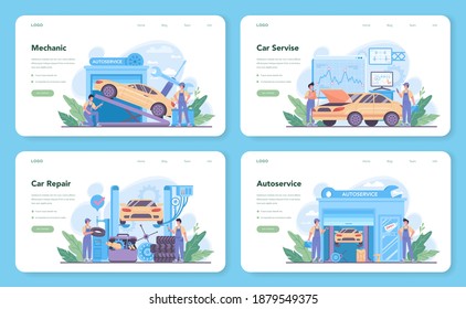 Car service web banner or landing page set. People repair car using professional tool. Idea of auto repair and diagnostic. Wheel and oil icon, engine and fuel. Isolated flat vector illustration