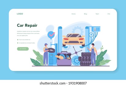 Car service web banner or landing page. People repair car using professional tool. Idea of auto repair and diagnostic. Wheel and oil icon, engine and fuel. Isolated flat vector illustration