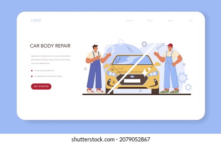 Car service web banner or landing page. Automobile got fixed in garage. Mechanic in uniform check a vehicle and repair it. Straightening and car denting. Flat vector illustration.