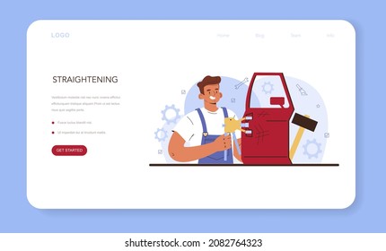 Car service web banner or landing page. Automobile got fixed in garage. Mechanic in uniform check a vehicle and repair it. Straightening and car denting. Flat vector illustration.